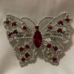 Vintage filigree butterfly brooch with Red Stones